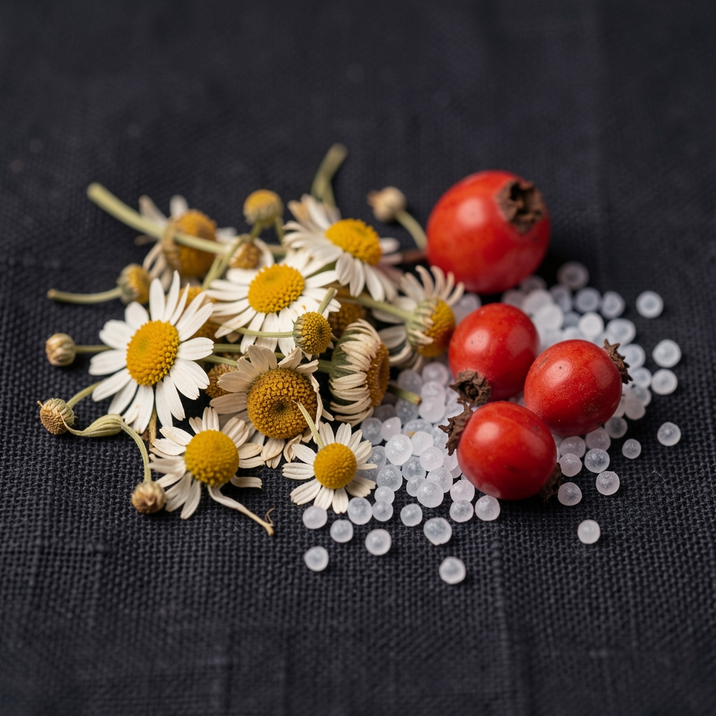 Macro photograph of dried botanical ingredients — chamomile, rosehip and zinc granules arranged on a dark linen surface under studio lighting