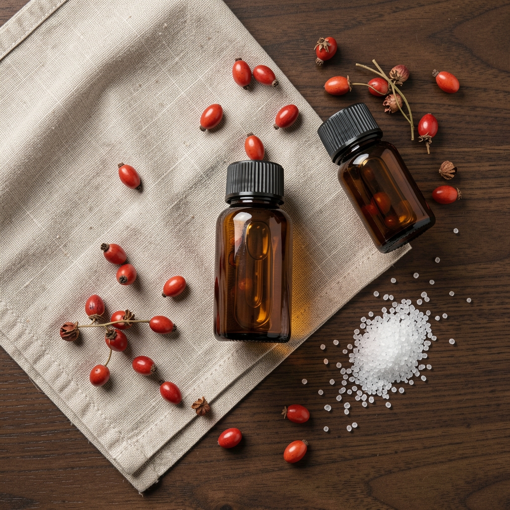 Overhead flat-lay of amber glass supplement bottles, linen cloth and scattered botanical ingredients including rosehip and zinc granules on a dark walnut surface
