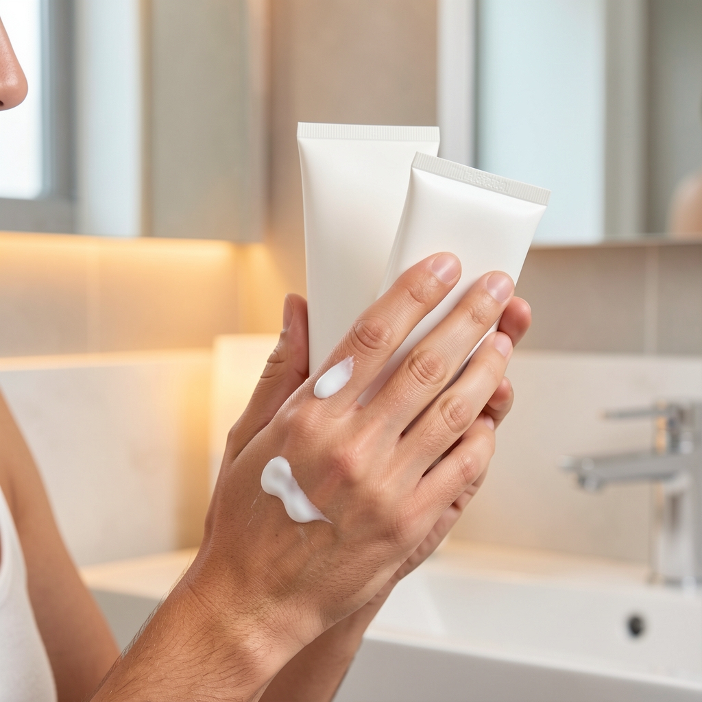 Close-up of man applying skincare moisturiser to clean skin, white cream visible on fingertips, bathroom setting with warm ambient lighting