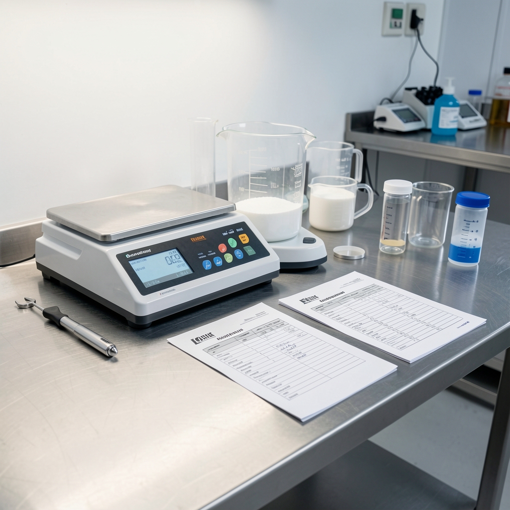 Supplement formulation workspace showing ingredient weighing scales, measurement containers, and batch documentation sheets spread on a clean stainless steel bench under bright studio lighting