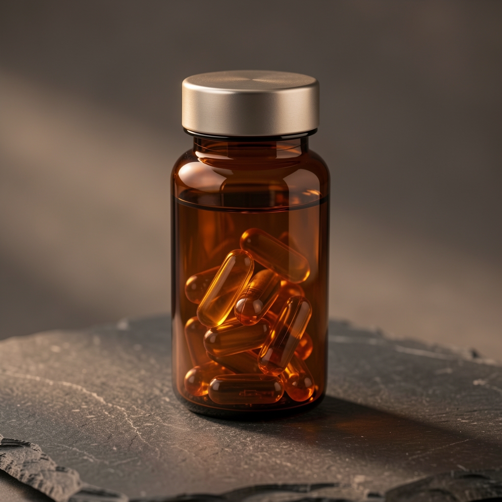 Toraven men's vitamin complex supplement bottle on a dark stone surface with scattered vitamin capsules and warm amber lighting