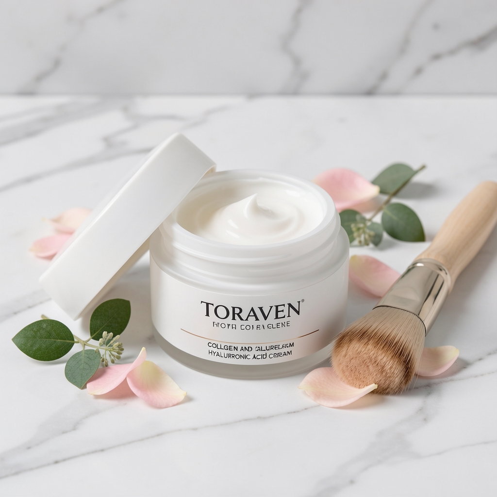 Toraven collagen and hyaluronic acid face cream jar open on a marble surface with a soft brush and botanical petals around it under controlled lighting