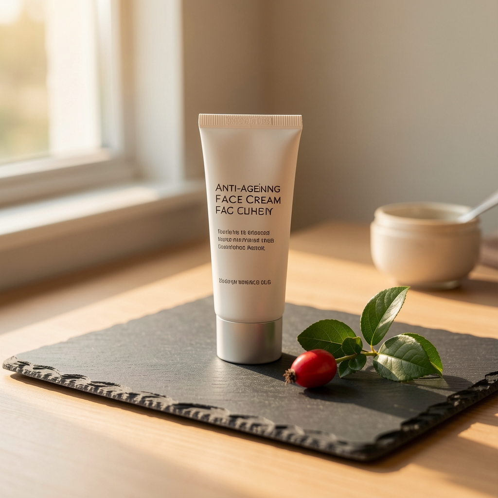 Anti-ageing face cream tube on a dark slate surface with a single rosehip berry and green leaf, under warm natural window light in a clean workspace