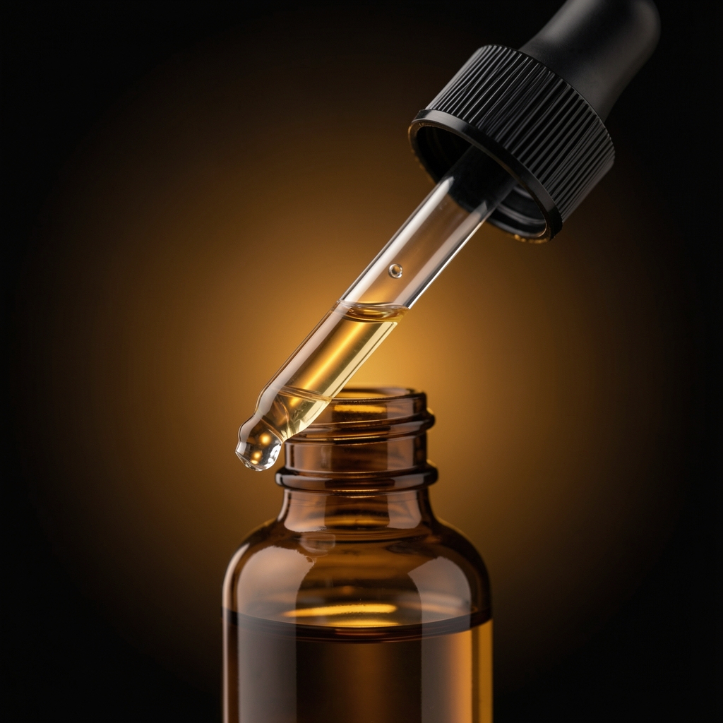 Eye area serum dropper bottle on a dark background with a soft amber glow, focused on the dropper tip with blurred background for depth
