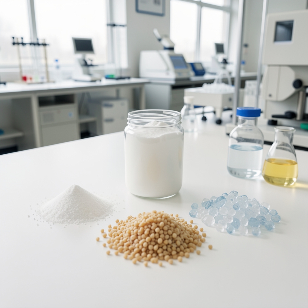 Skincare ingredients flatlay showing vitamin C powder, collagen peptide granules, and hyaluronic acid crystals arranged on a white surface in a quality-control environment